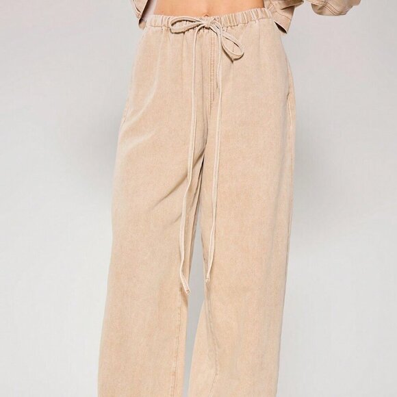 Khaki Casual Women's Tie Waist Wide Leg Washed Denim Trousers pants - Picture 2 of 6